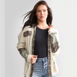 Miss Me Patchwork Flannel Shirt – Cream Plaid Boho Western Button Up Medium